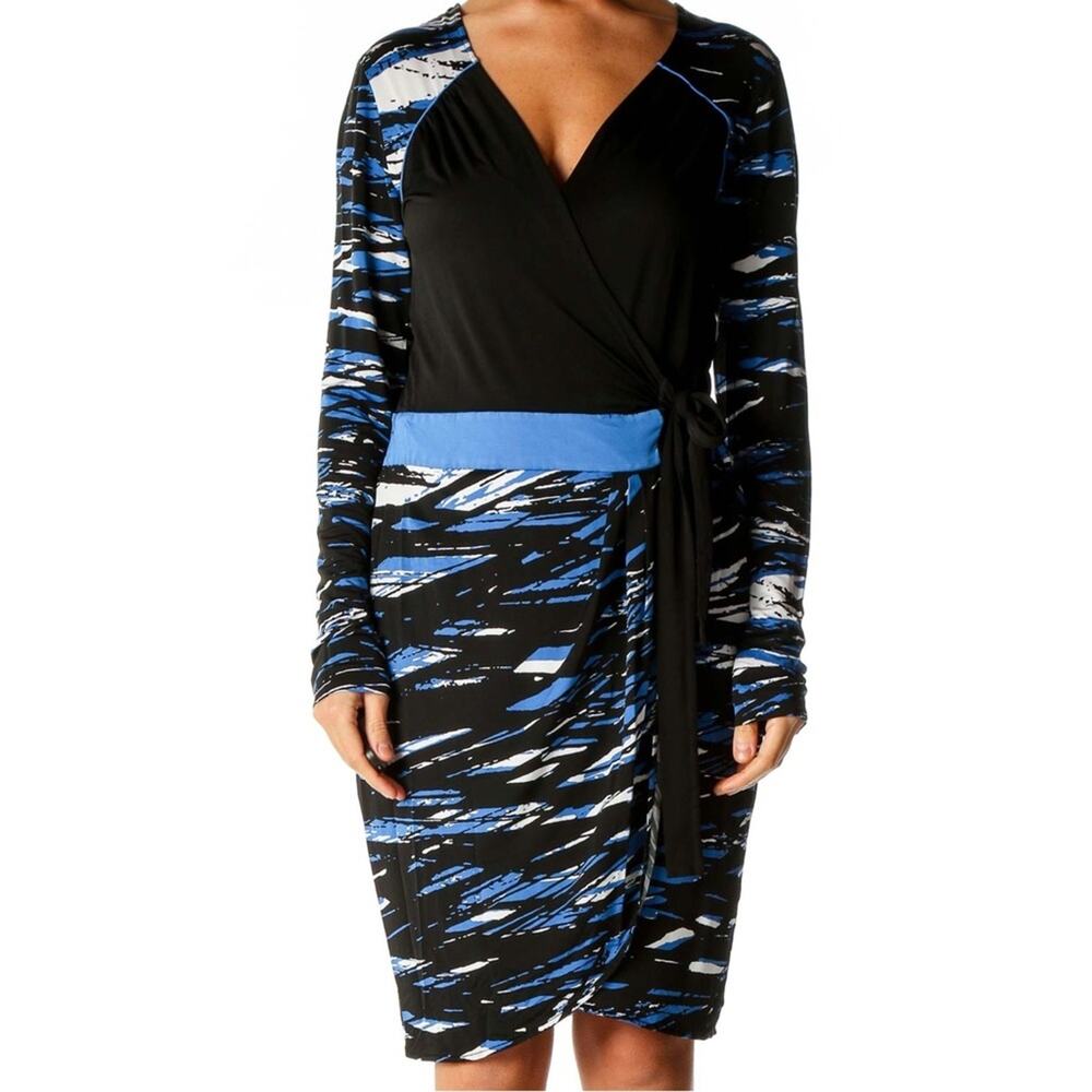 BCBG MaxAzria Black and Blue Colorblock Faux Wrap Dress Size Small